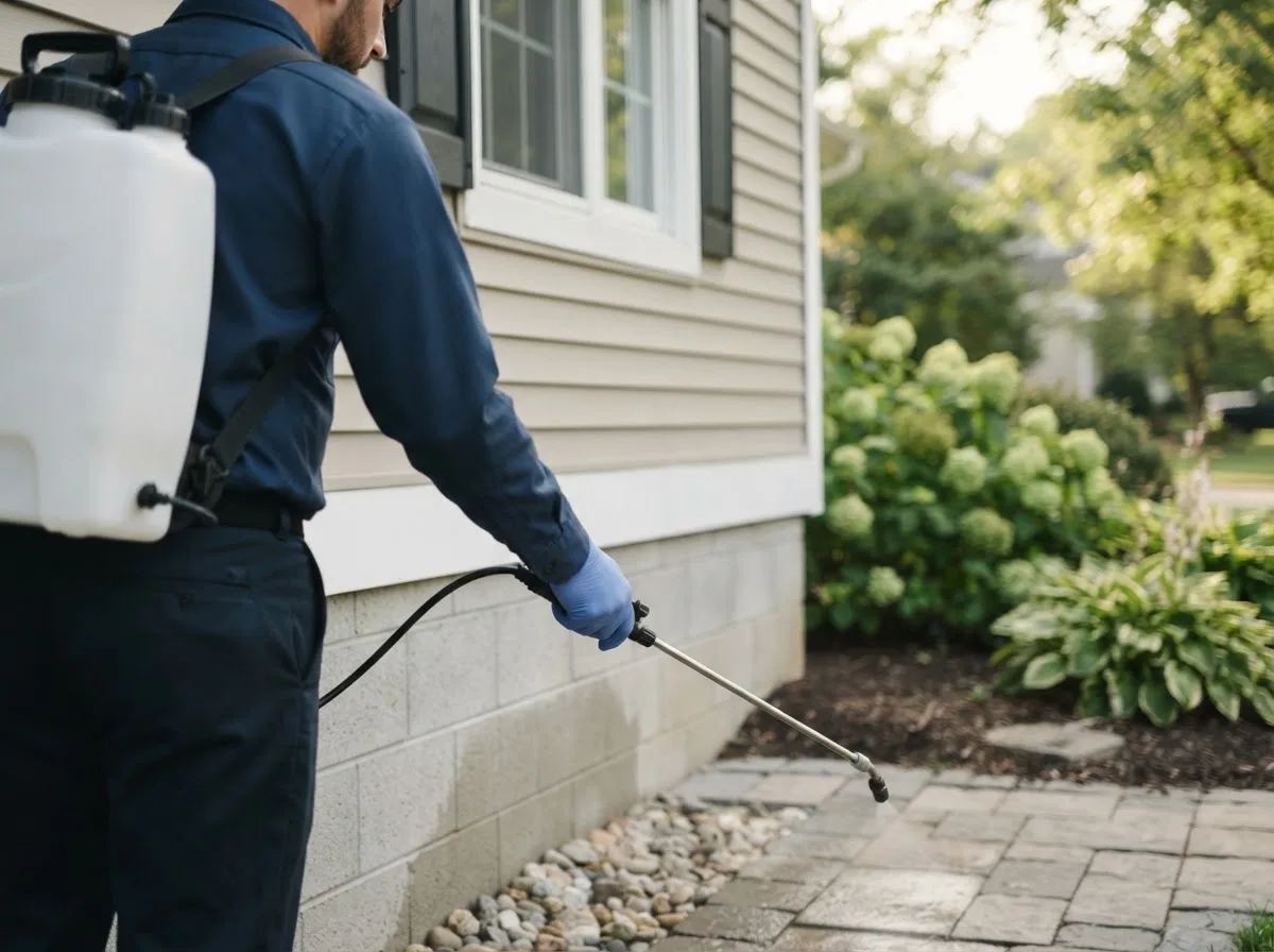 Pest control technician inspecting a home in Lisbon, OH
